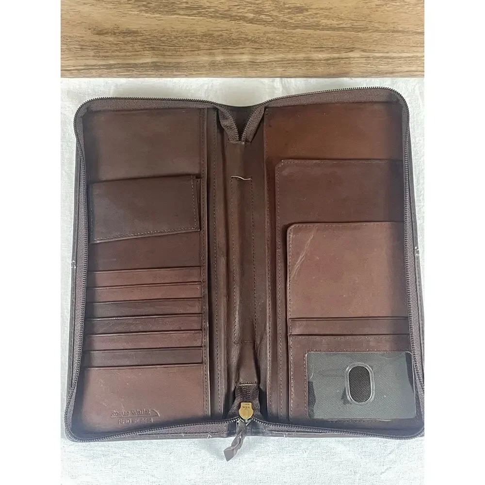 Rogue Wallet Brown Leather RFID Shielded Zip Travel Organizer Wallet Clutch